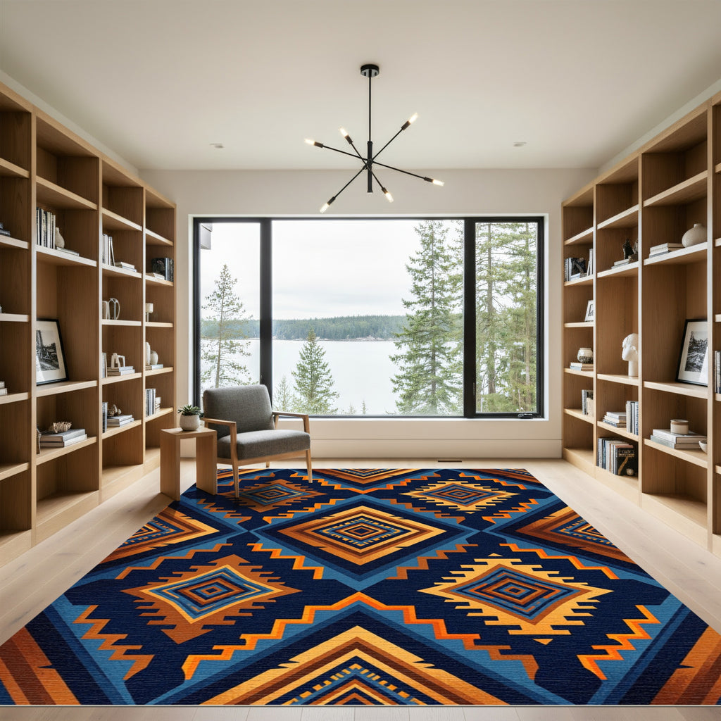 Bold Geometric Diamond Blue Orange Rug