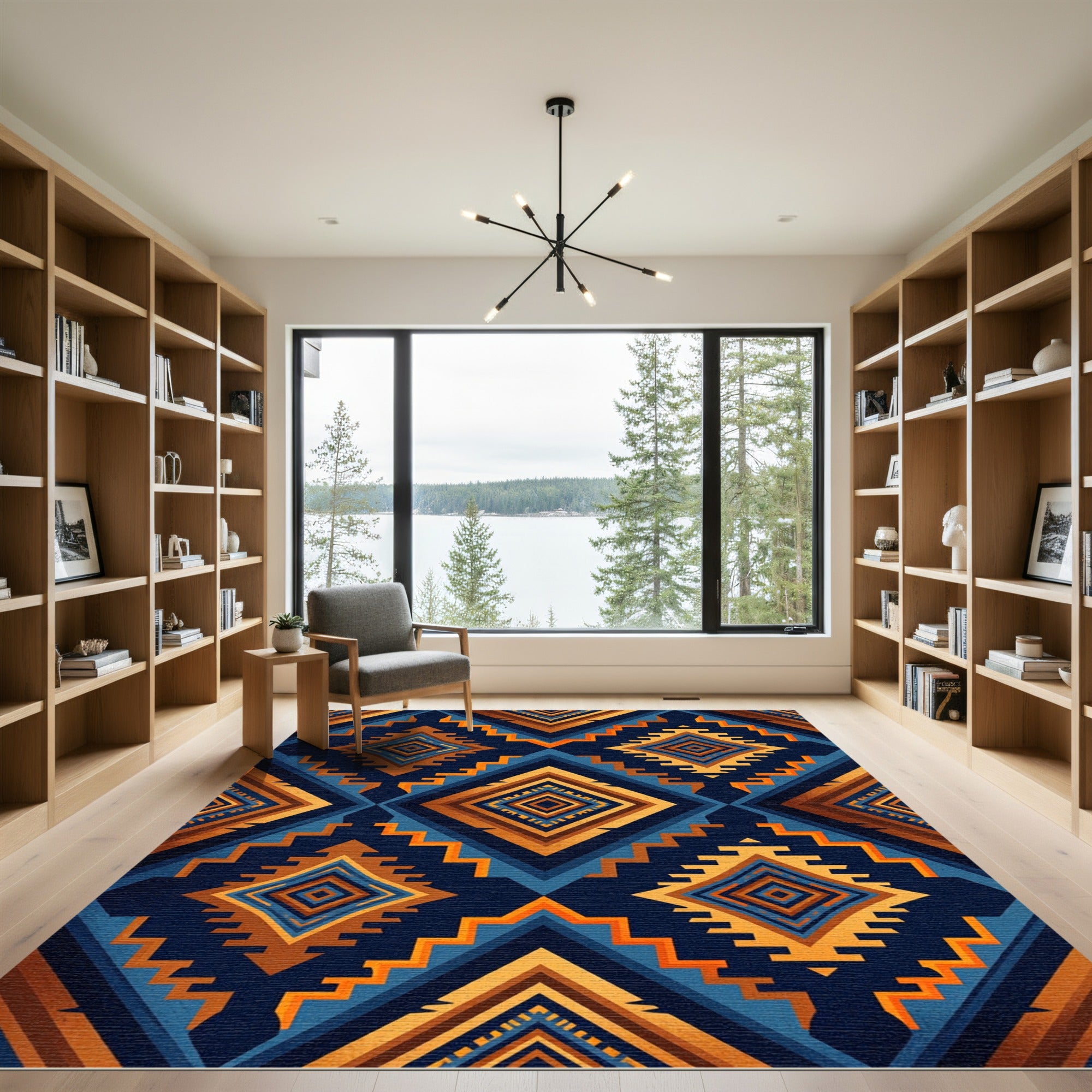 Bold Geometric Diamond Blue Orange Rug