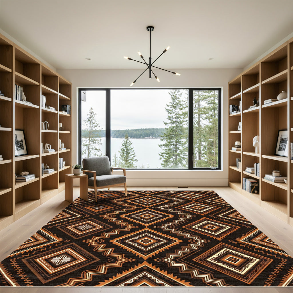 Earthy Brown Geometric Aztec Diamond Rug