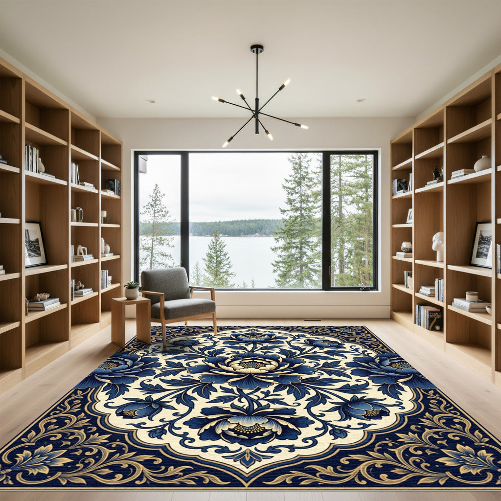 Midnight Blue Floral Medallion Ornate Tapestry Rug