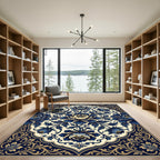 Midnight Blue Floral Medallion Ornate Tapestry Rug