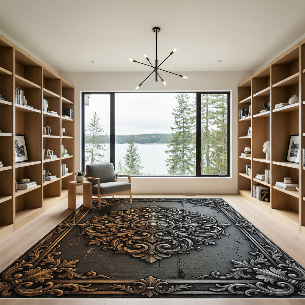 Gilded Silver Baroque Scroll Medallion Rug