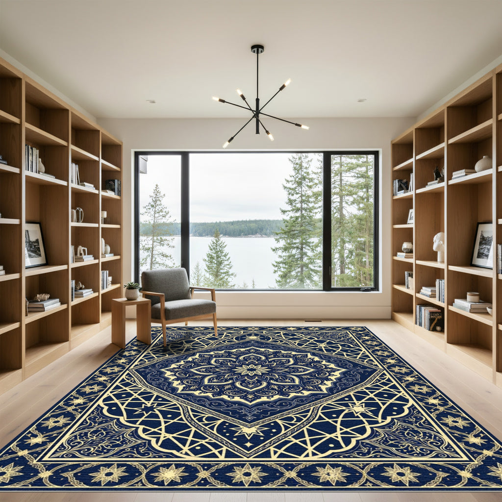 Intricate Navy Blue Celestial Star Mandala Rug