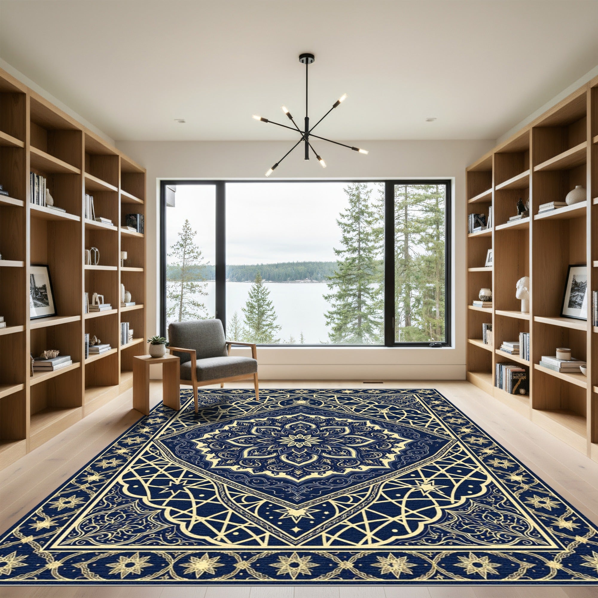 Intricate Navy Blue Celestial Star Mandala Rug