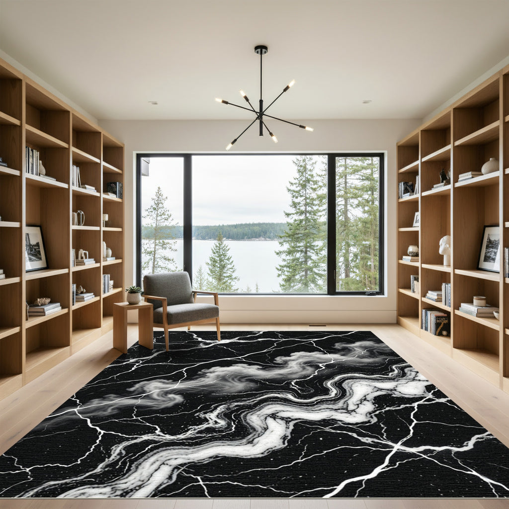 Dramatic Black White Marble Vein Rug