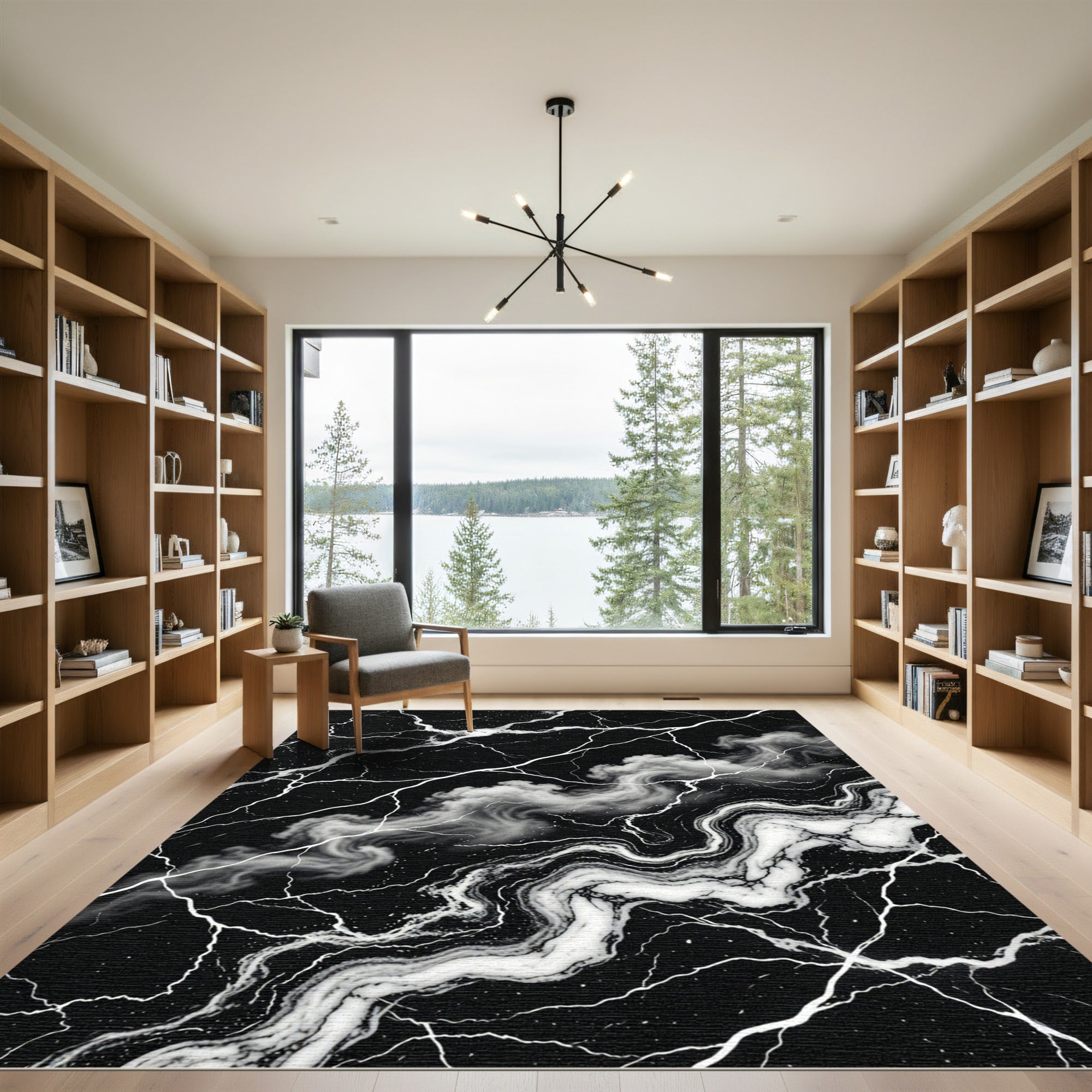Dramatic Black White Marble Vein Rug