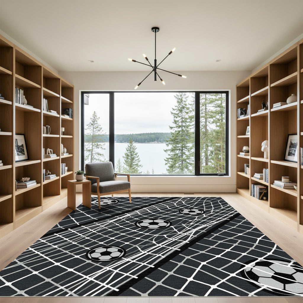 Modern Monochrome Soccer Ball Grid Rug