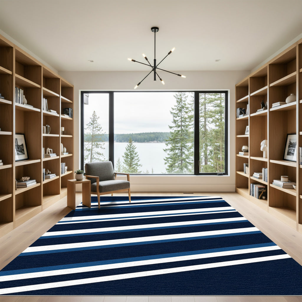 Bold Navy Blue Linear Stripe Rug