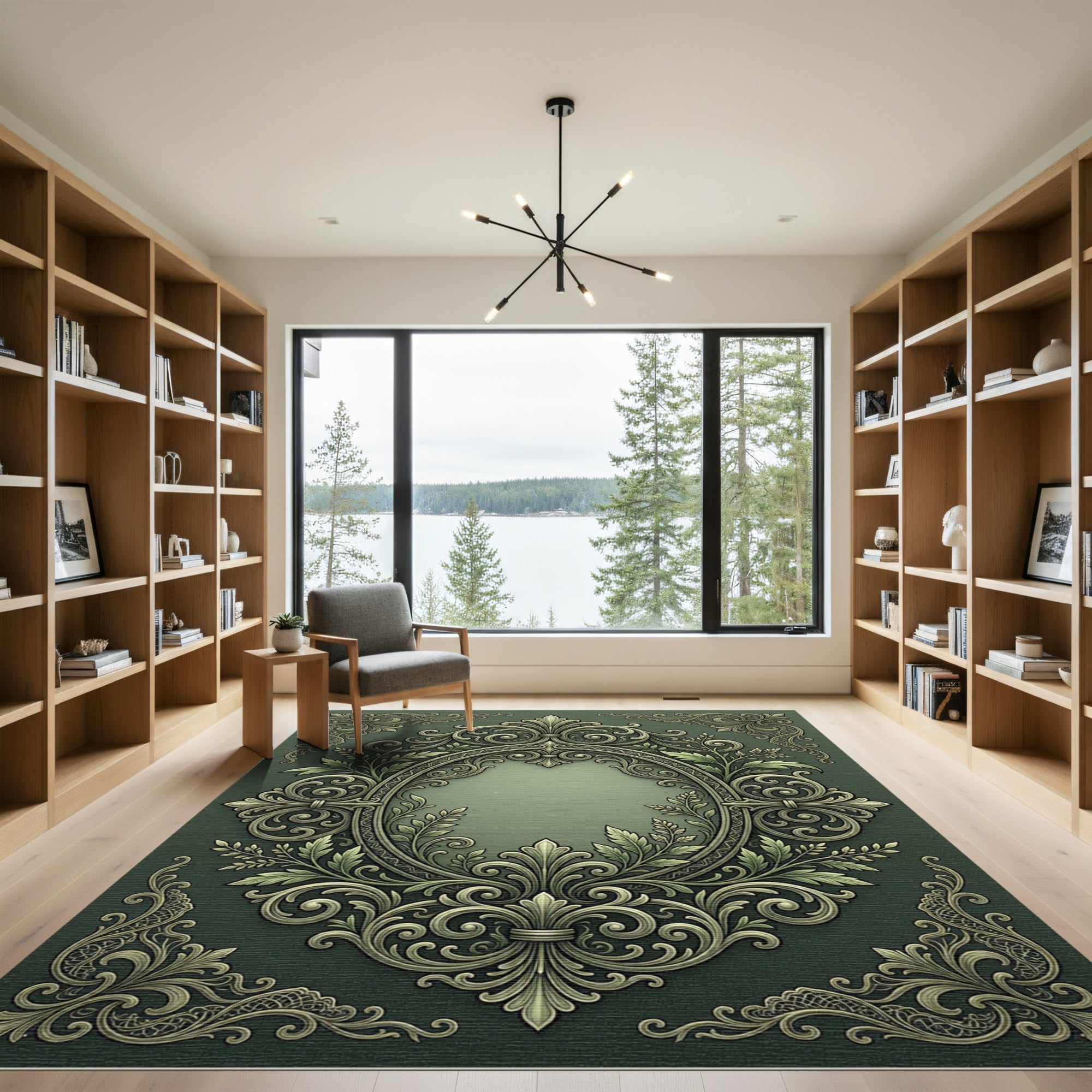 Ornate Green Leaf Scroll Framing Rug