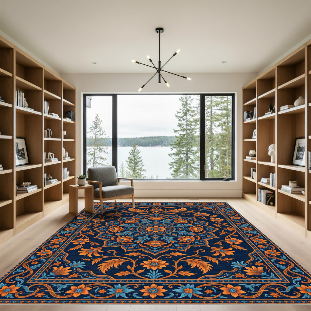 Navy Blue Orange Floral Medallion Rug