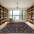 Navy Blue Orange Floral Medallion Rug