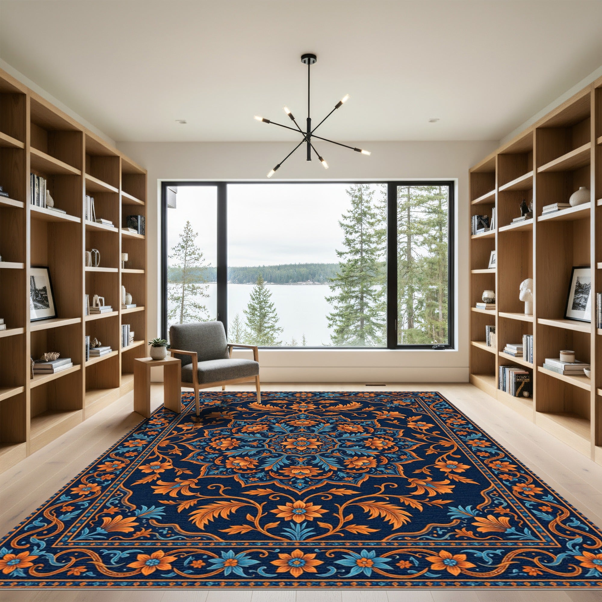 Navy Blue Orange Floral Medallion Rug