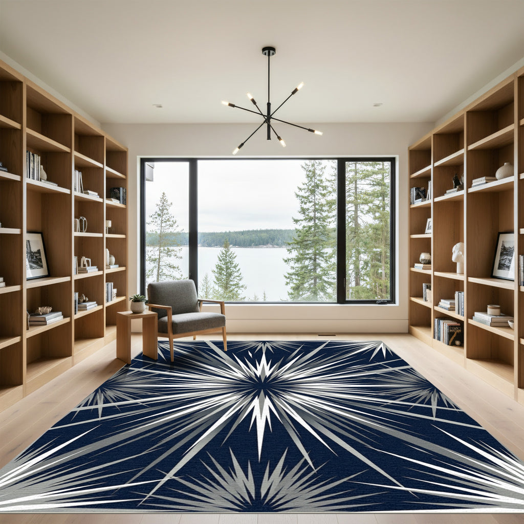 Radiant Silver Spiked Geometric Navy Starburst Rug
