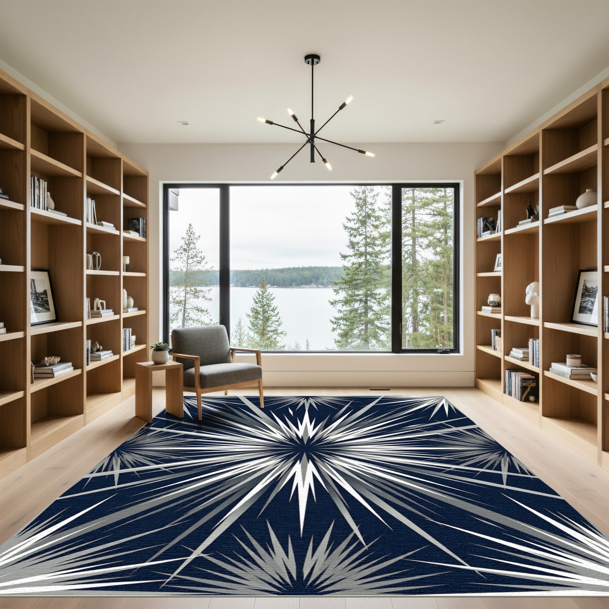 Radiant Silver Spiked Geometric Navy Starburst Rug