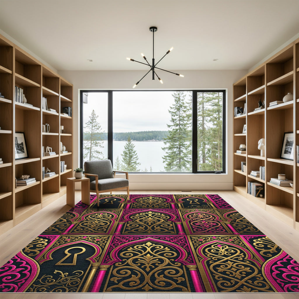 Opulent Gold and Magenta Archway Ornament Rug