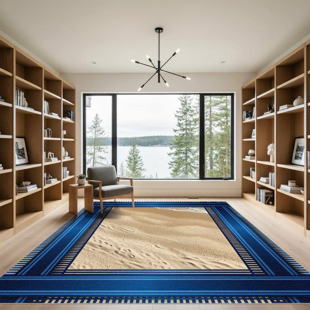 Coastal Blue Framed Sandy Shore Rug