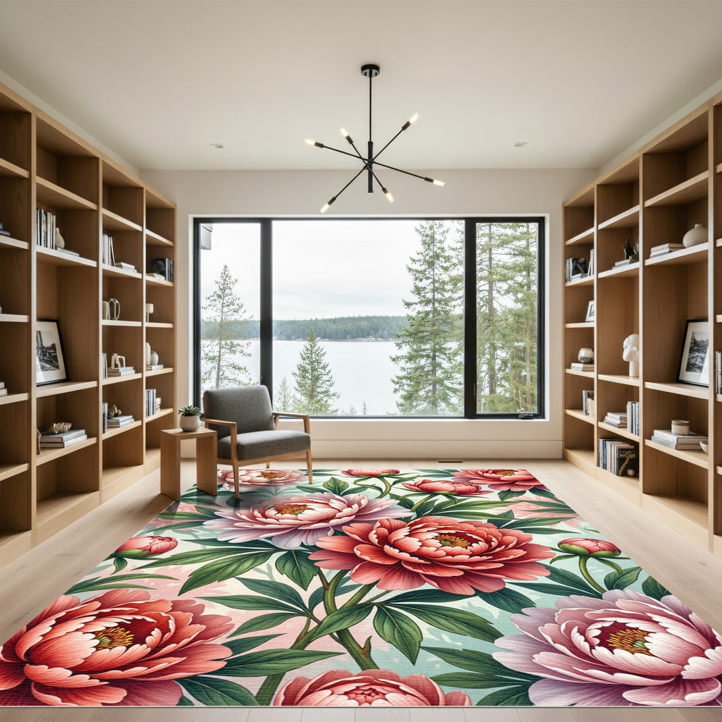 Elegant Pink Peonies Floral Garden Rug