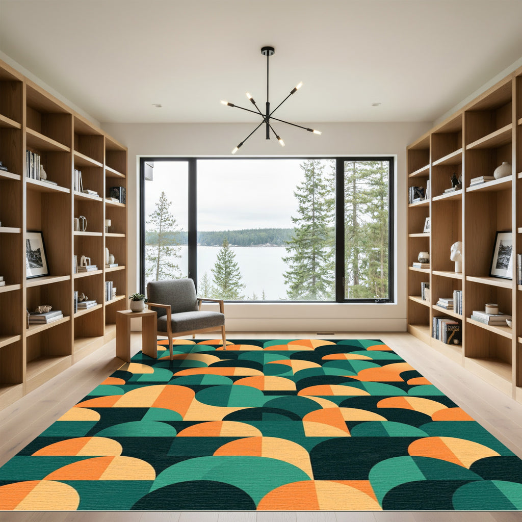Mid-Century Modern Geometric Orange Teal Arc Rug