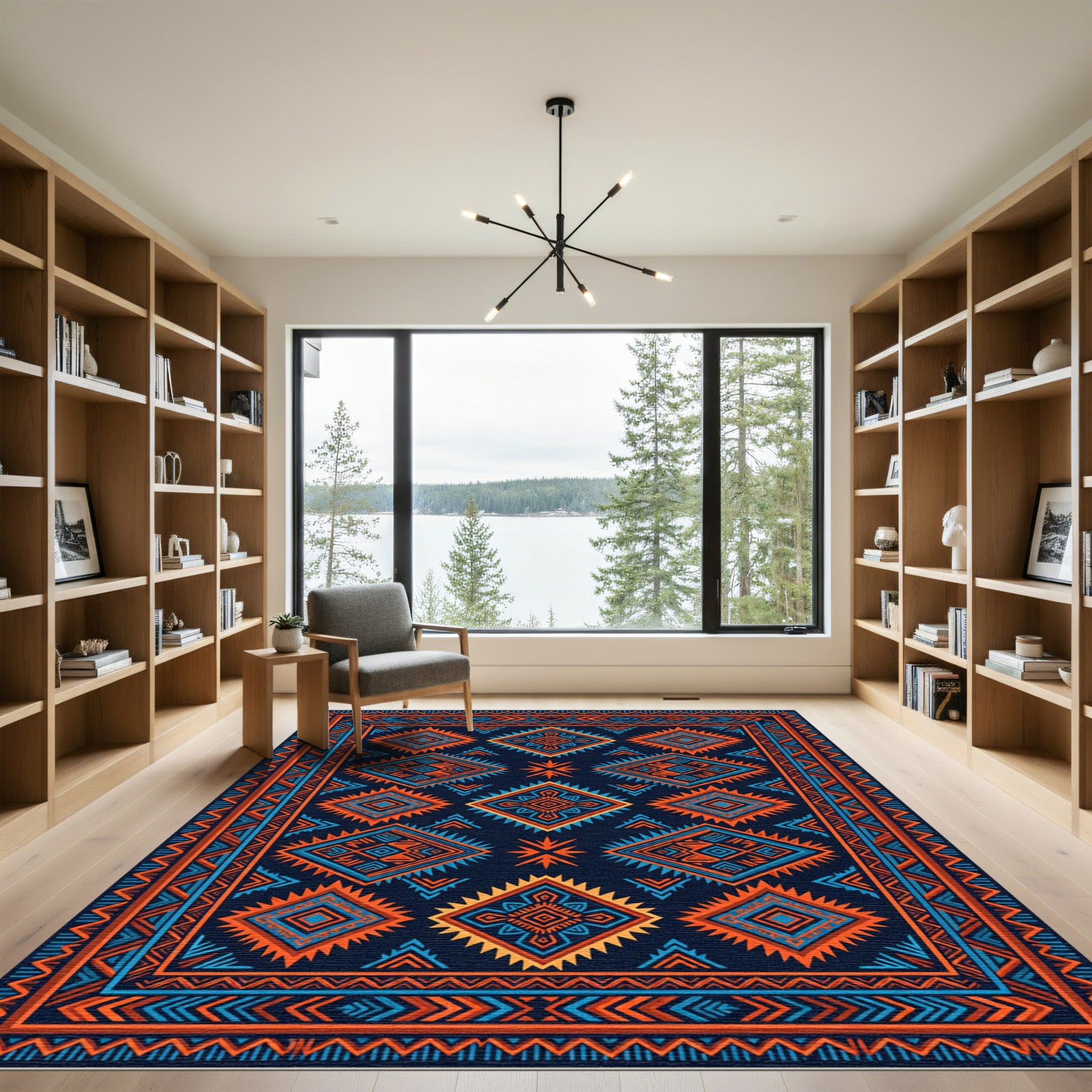 Vibrant Electric Blue Orange Geo Diamond Rug