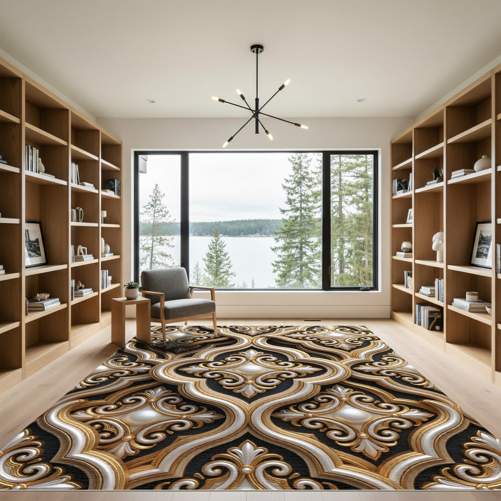 Ornate Gold and Pearl Damask Medallion Rug