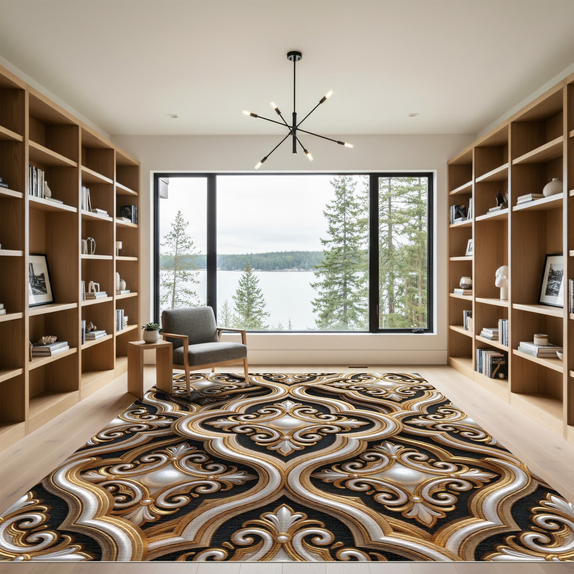 Ornate Gold and Pearl Damask Medallion Rug