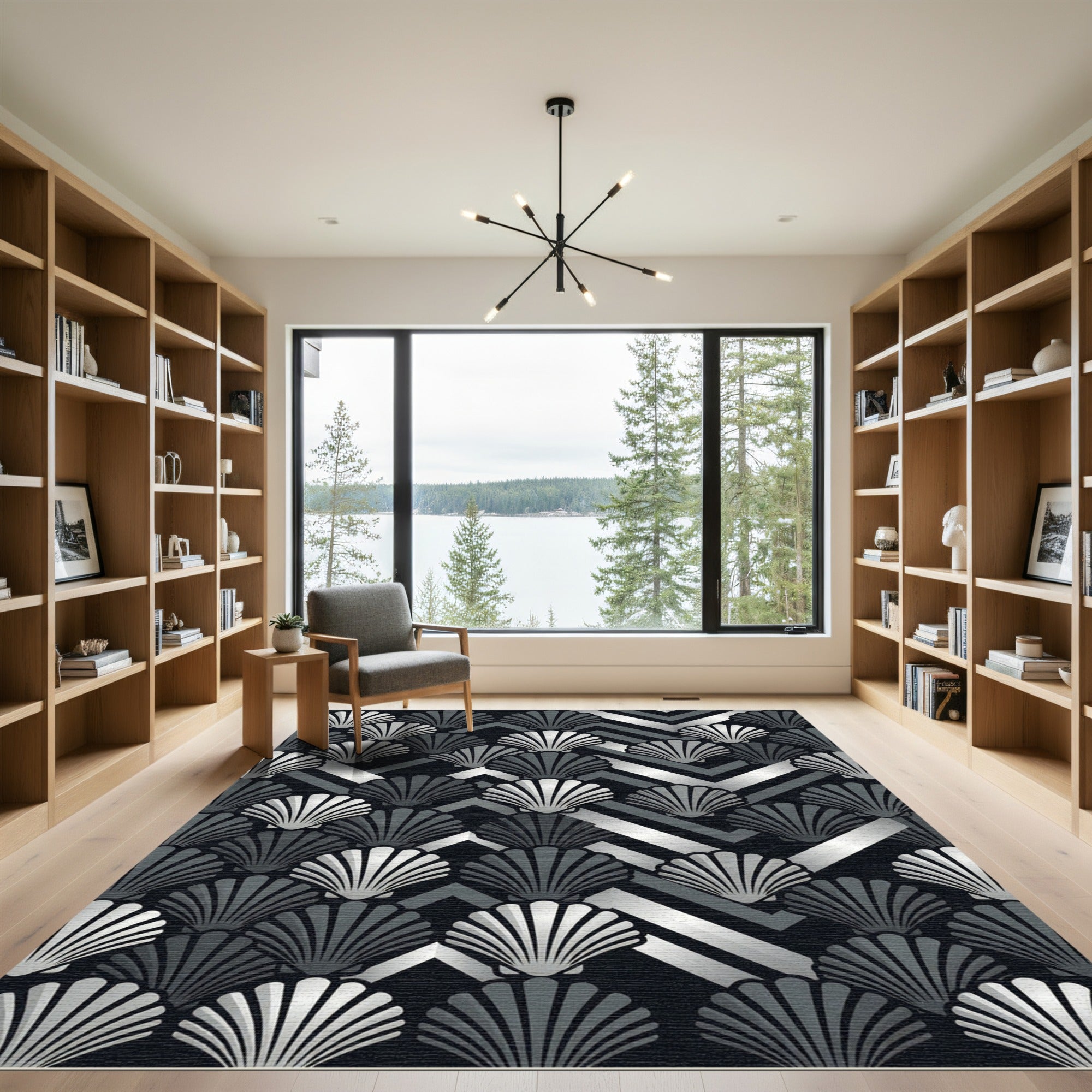 Elegant Metallic Silver Shell Chevron Rug