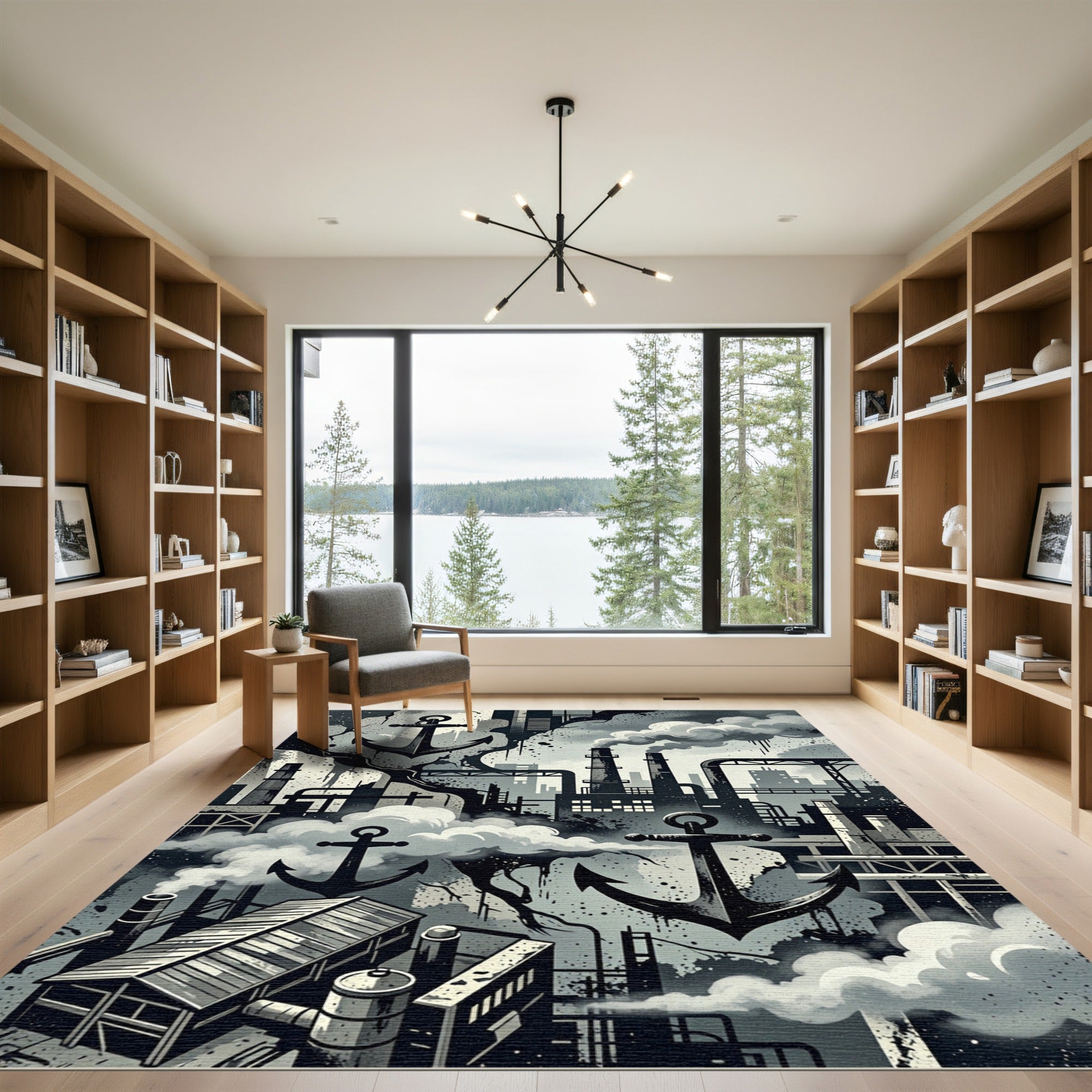 Industrial Monochrome Anchor Urban Smoke Rug