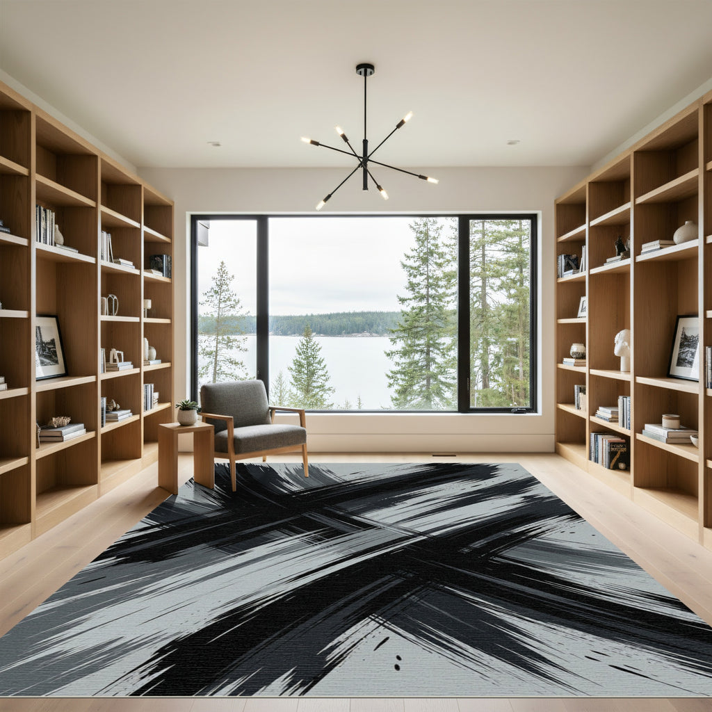 Monochrome Abstract Charcoal Crosshatch Rug