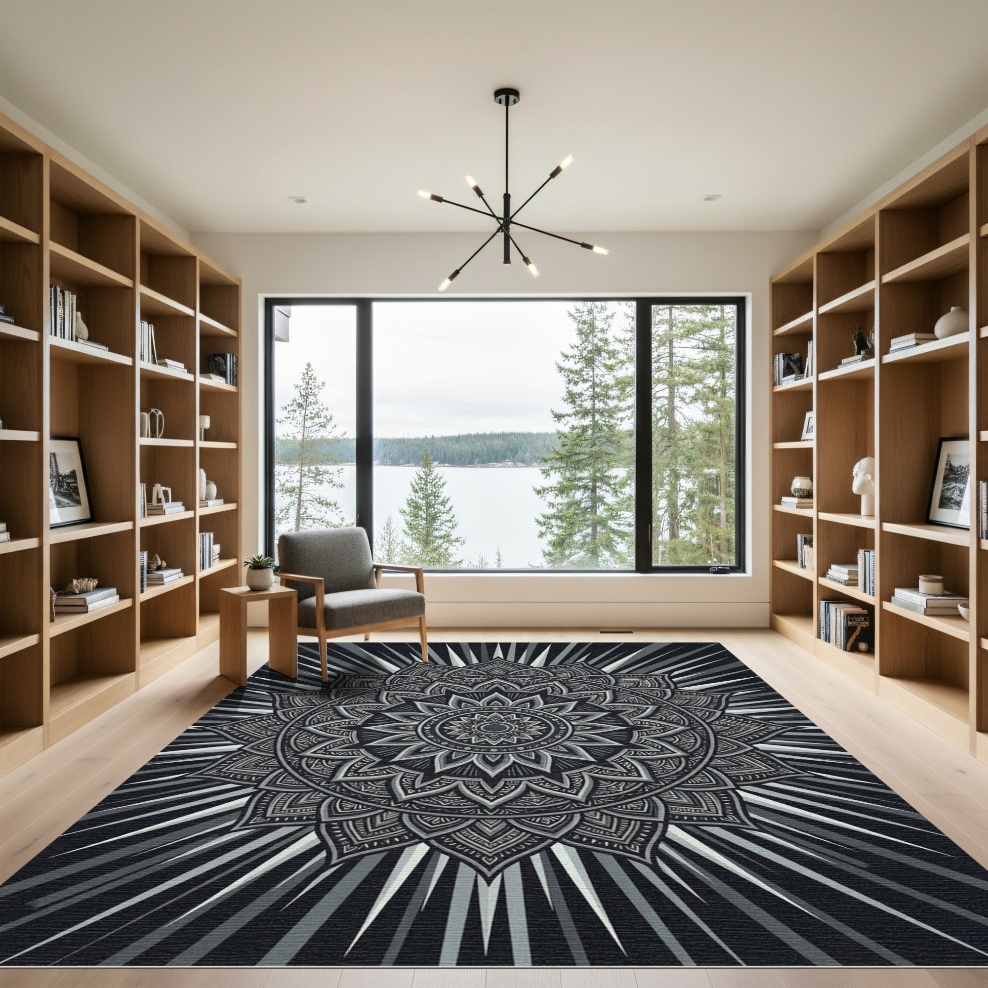 Monochrome Radiant Floral Mandala Art Rug