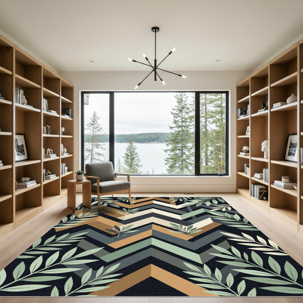 Geometric Sage and Ochre Chevron Foliage Rug