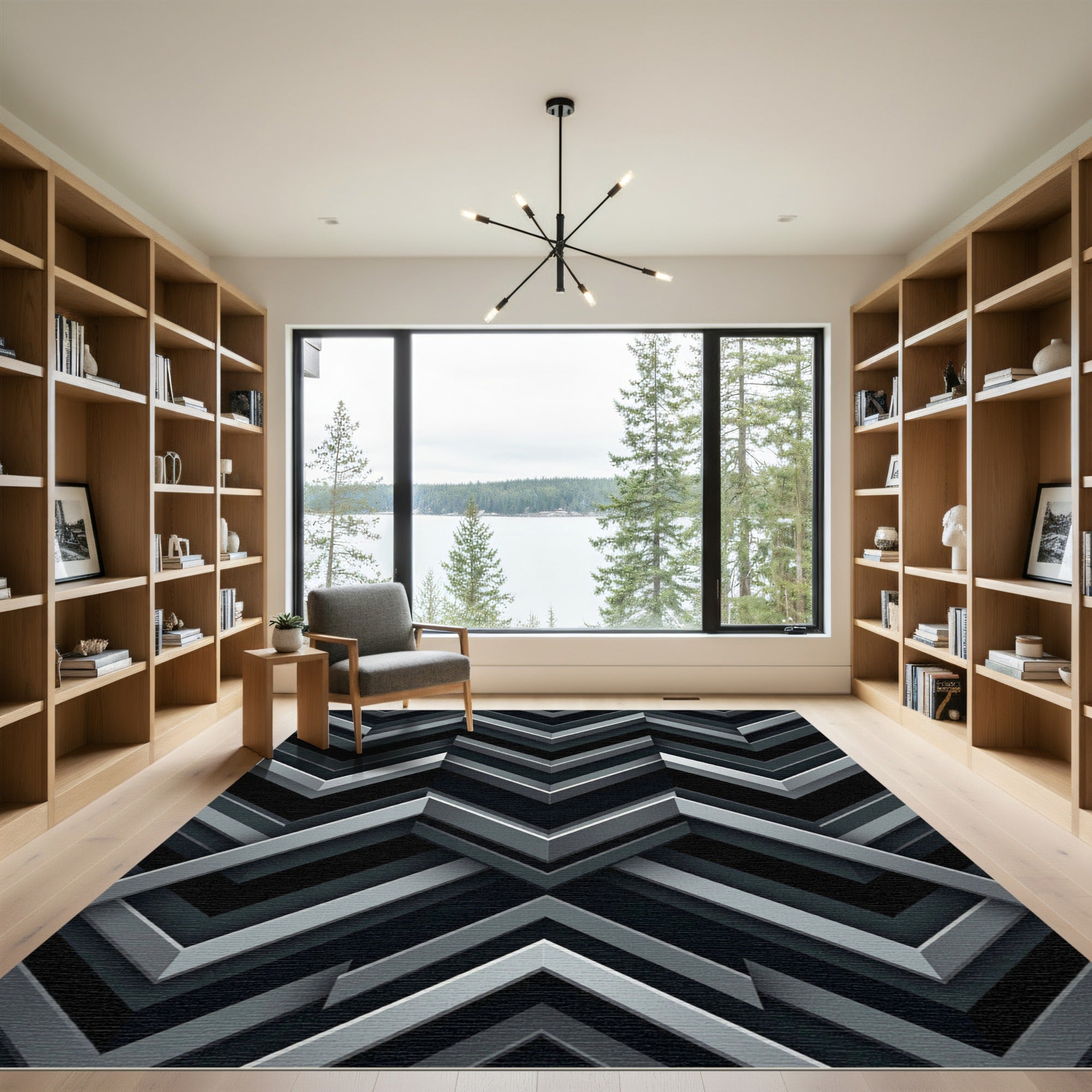 Modern Metallic Silver Geometric Chevron Rug