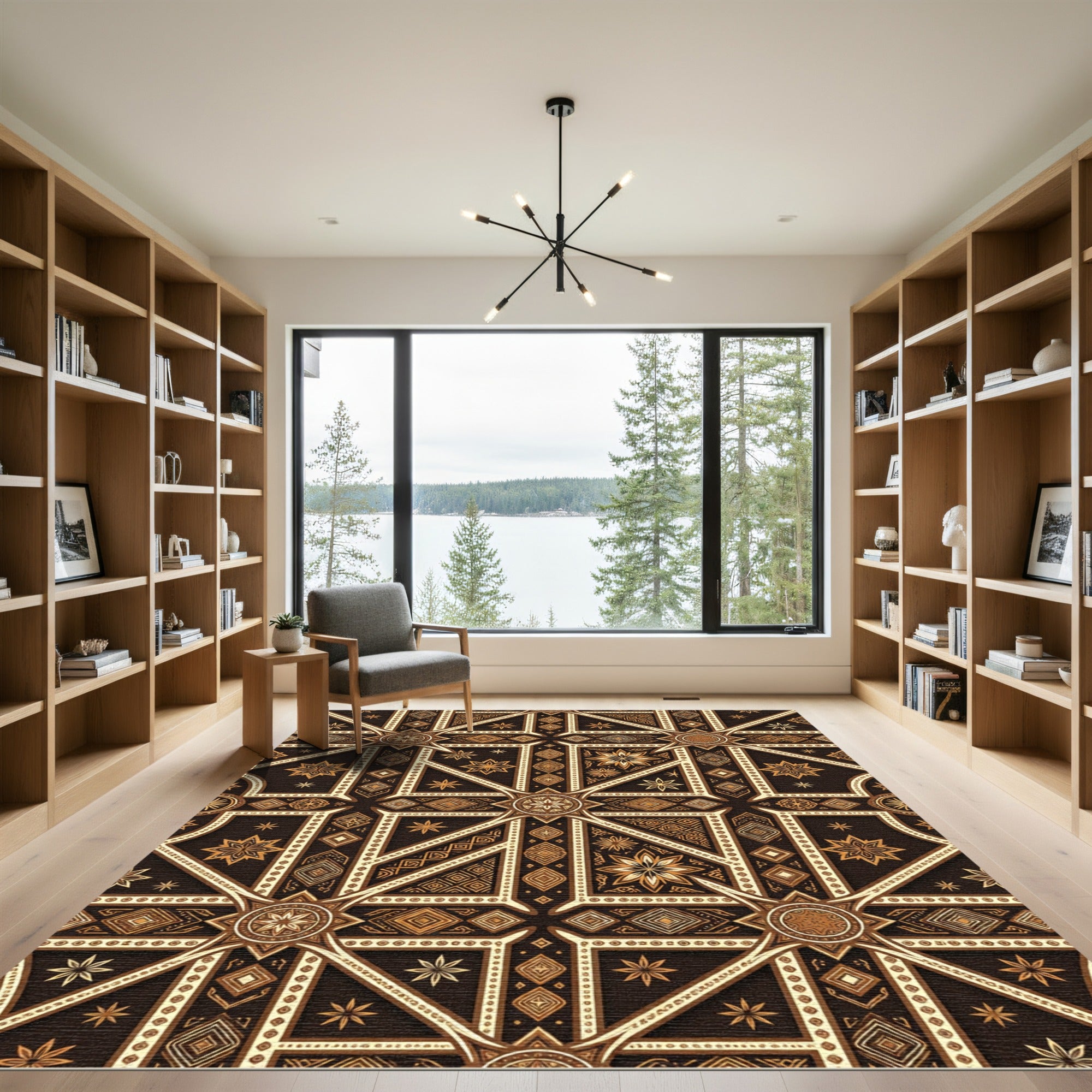 Ornate Brown Geometric Starburst Medallion Rug