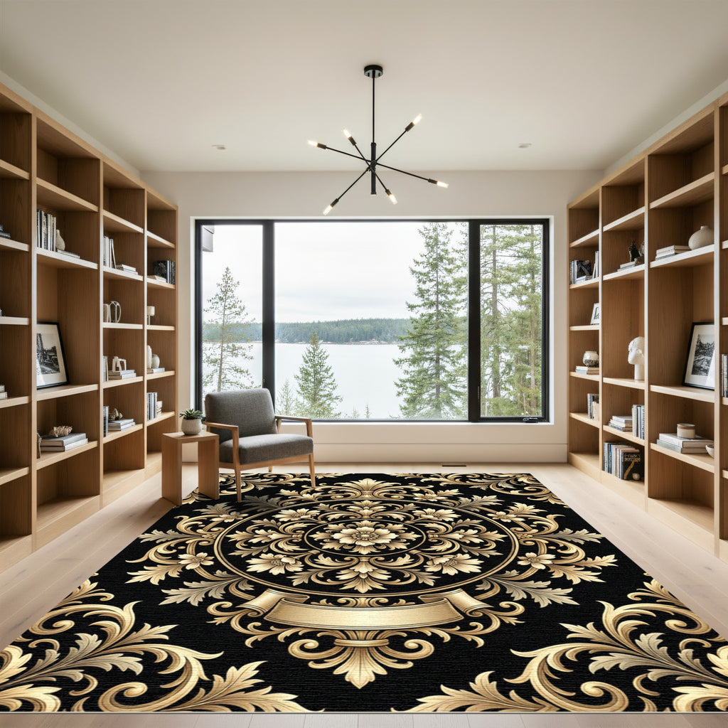Ornate Golden Floral Medallion With Ribbon Rug