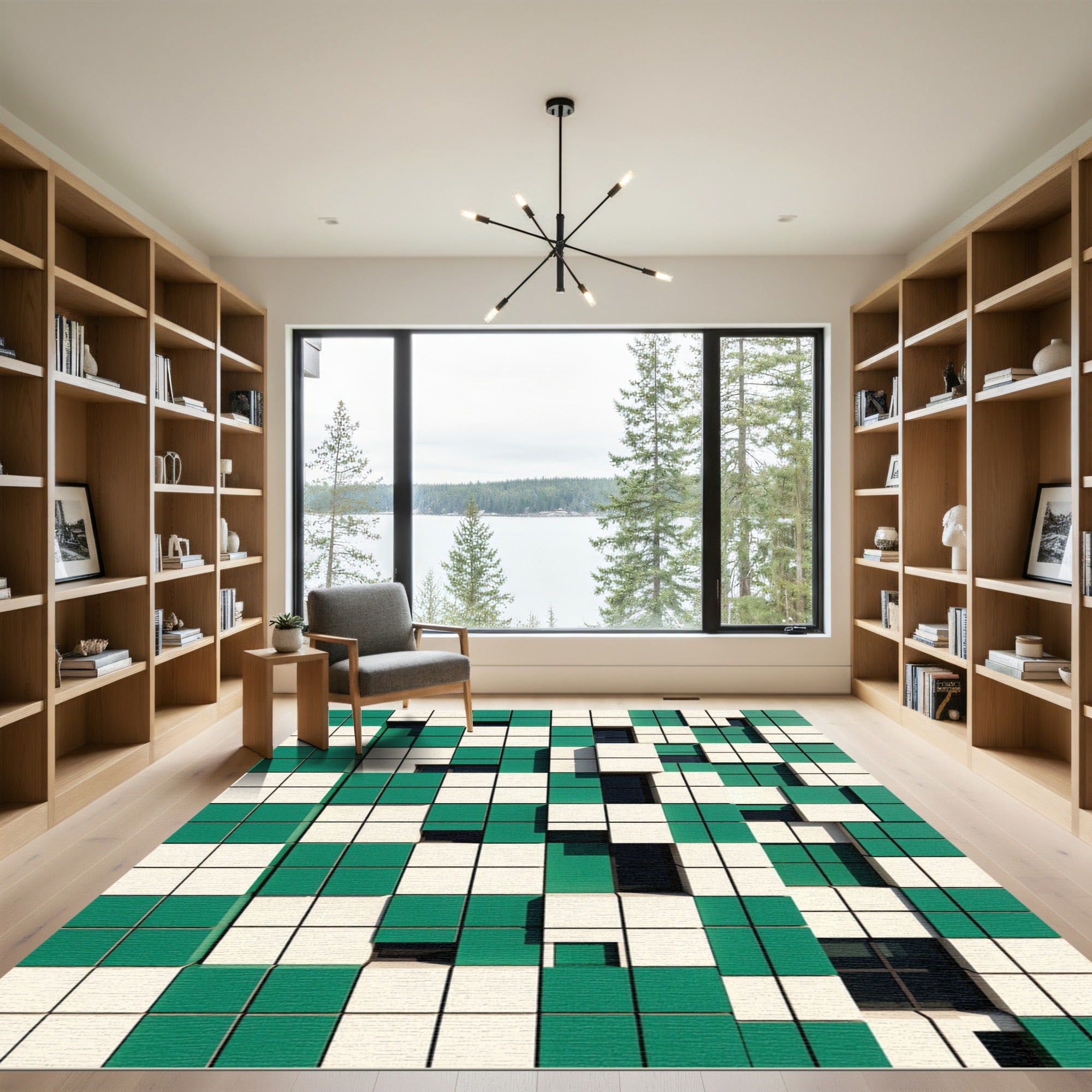 Green and White Cubist Grid Rug