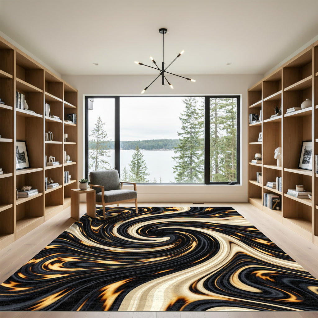 Golden Swirl Black Marble Abstract Rug