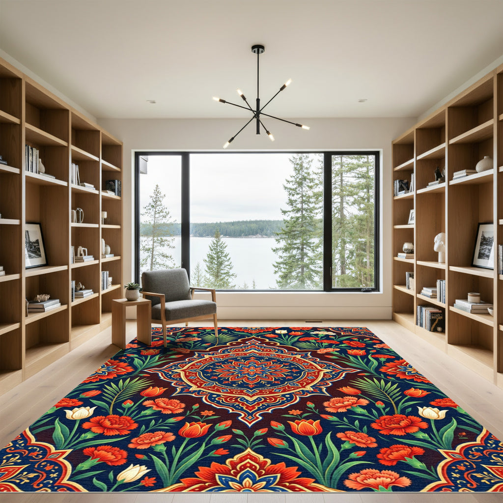 Vibrant Floral Medallion with Ornate Crimson Tulips Rug