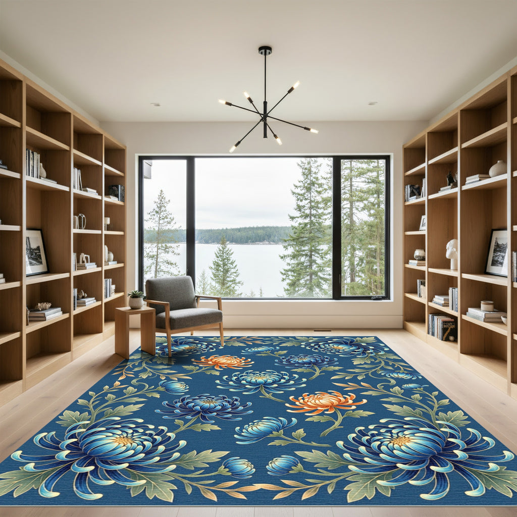 Elegant Blue and Gold Chrysanthemum Floral Rug