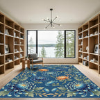 Elegant Blue and Gold Chrysanthemum Floral Rug
