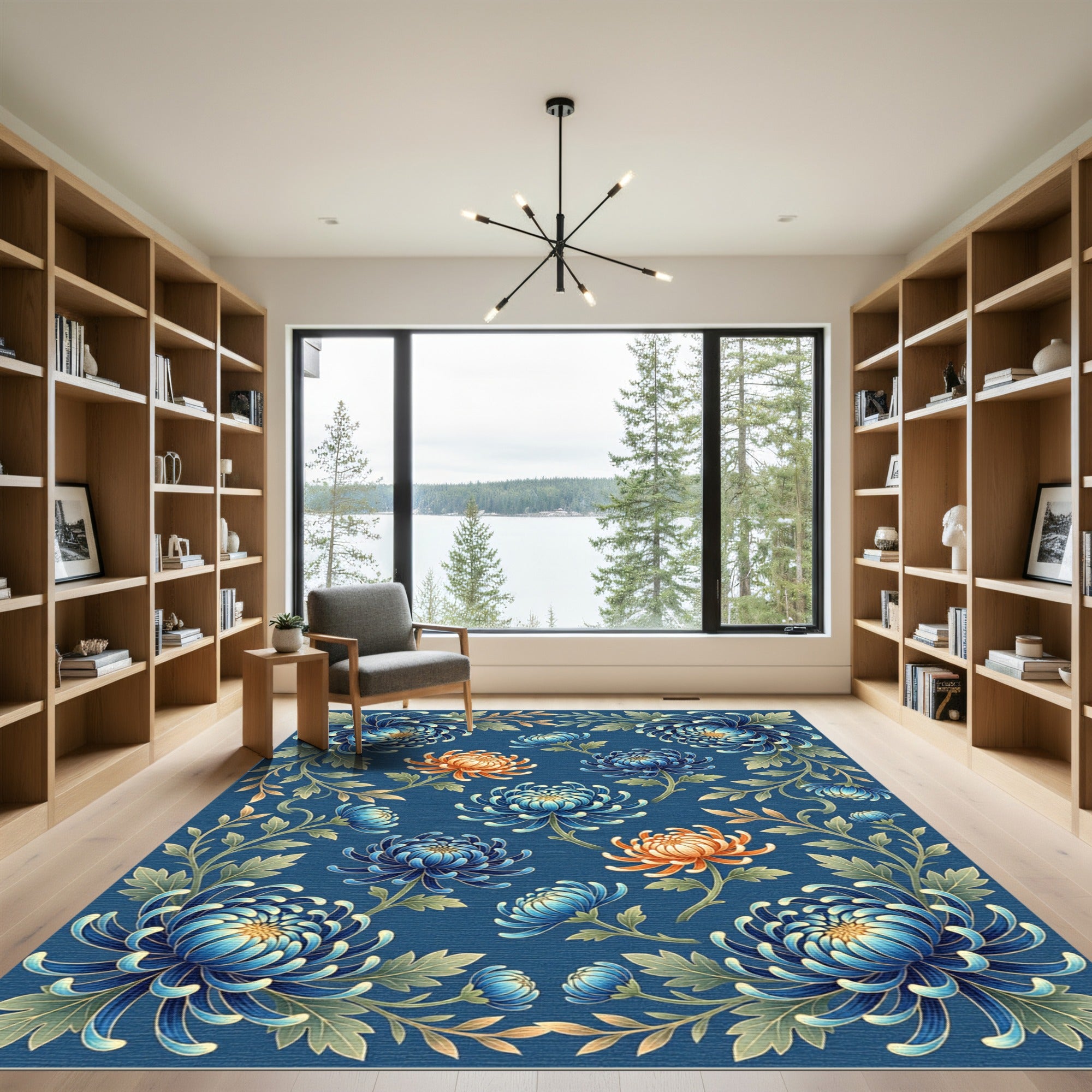 Elegant Blue and Gold Chrysanthemum Floral Rug