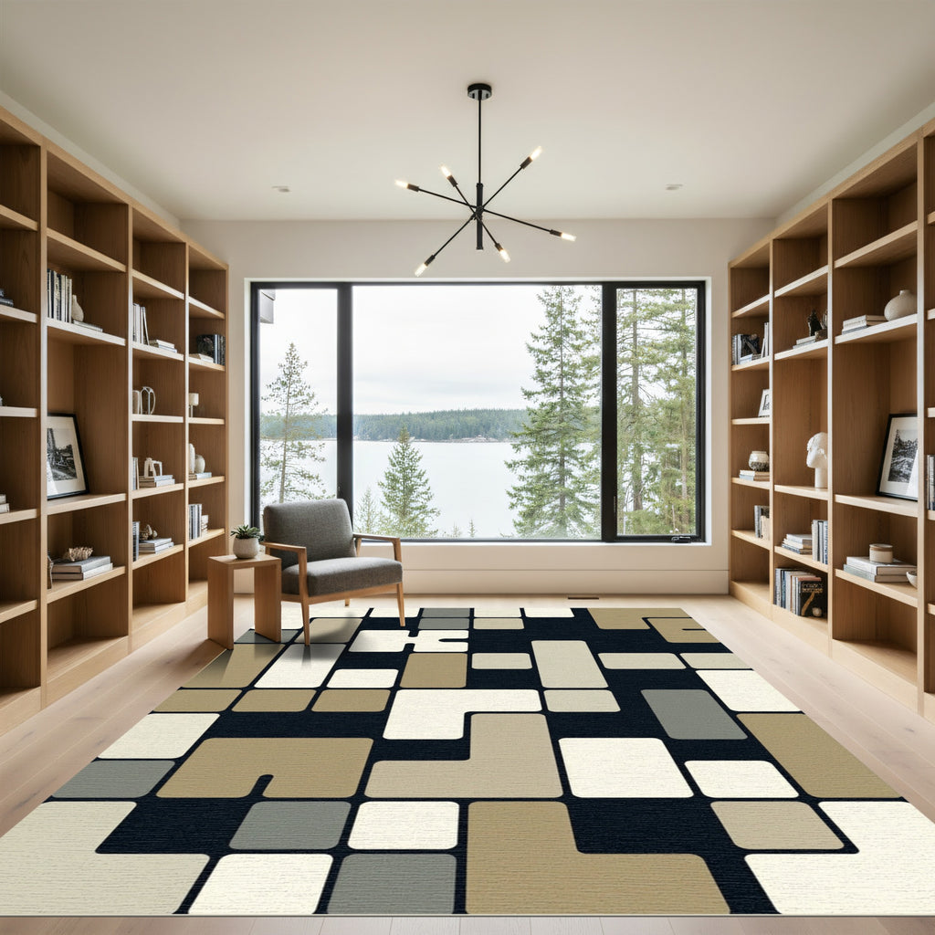 Geometric Cream Taupe Gray Blocks Rug