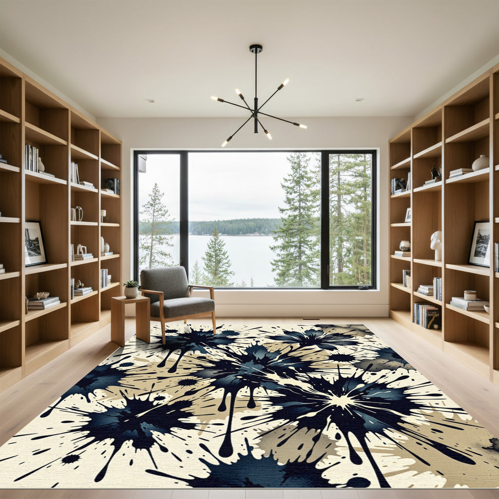 Dark Blue Ink Splatter Floral Rug