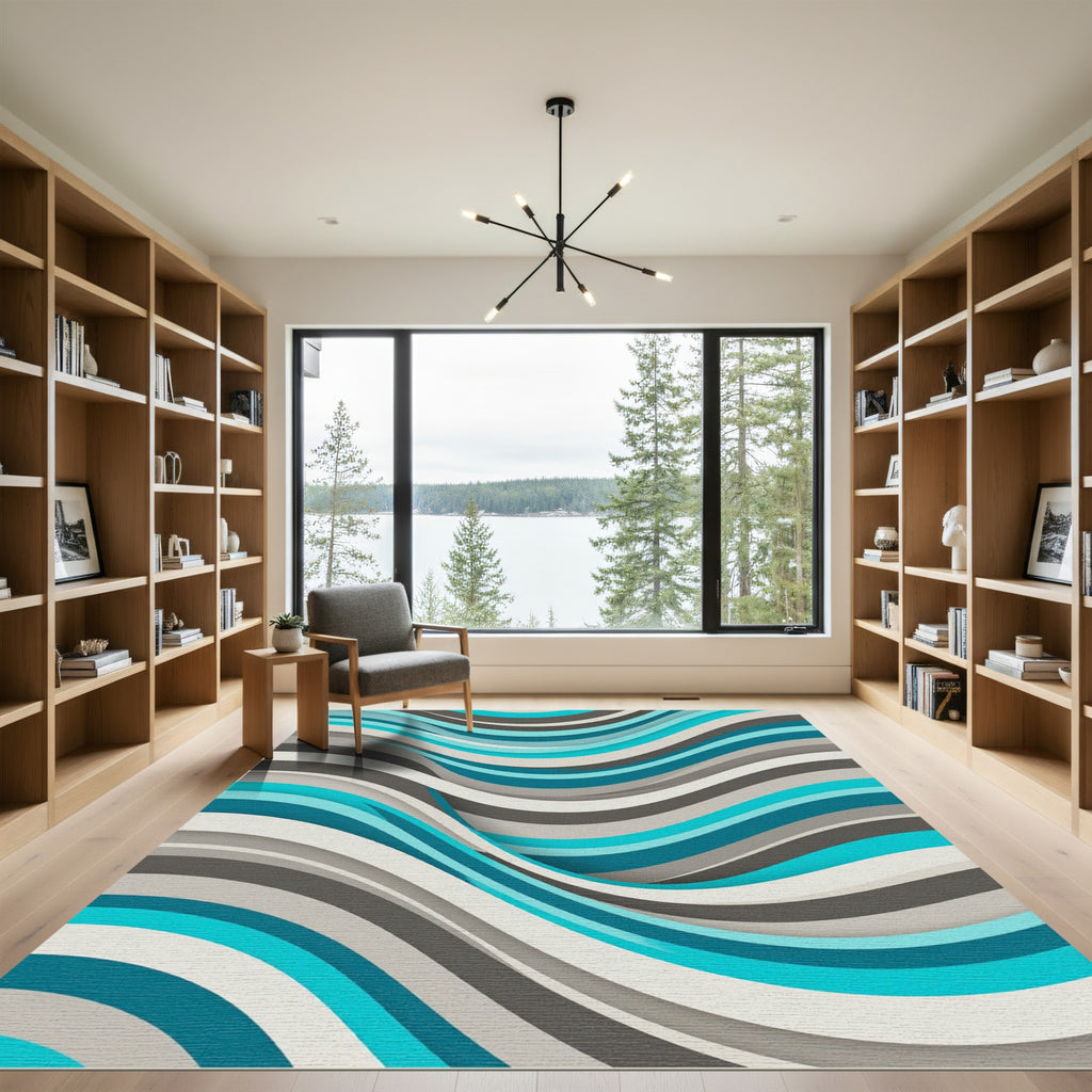 Modern Teal And Gray Liquid Wave Rug