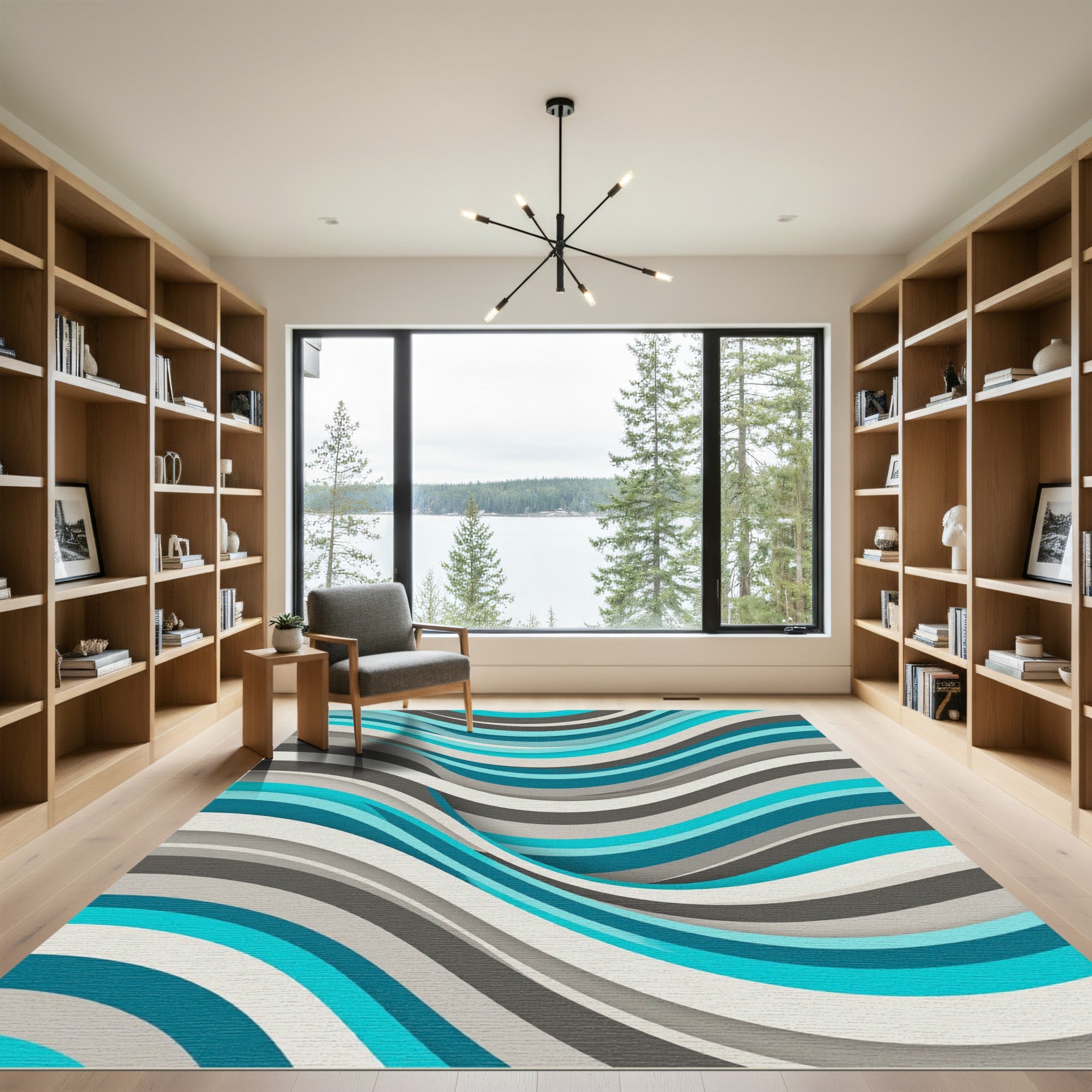 Modern Teal And Gray Liquid Wave Rug