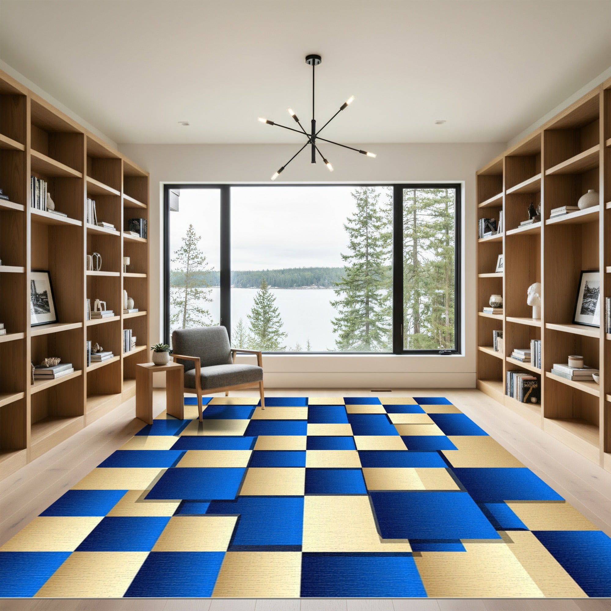 Deep Blue Gold Shifting Squares Rug