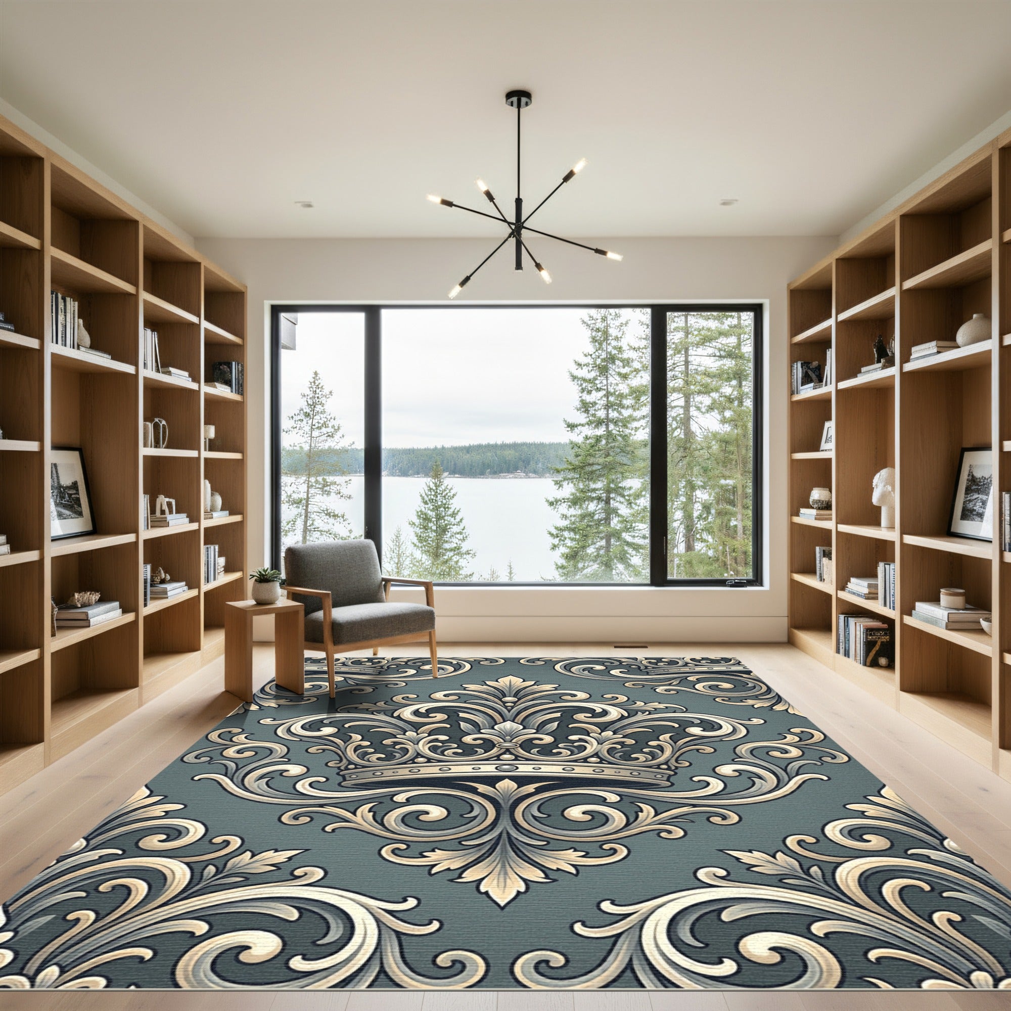 Ornate Golden Crown Baroque Scroll Rug