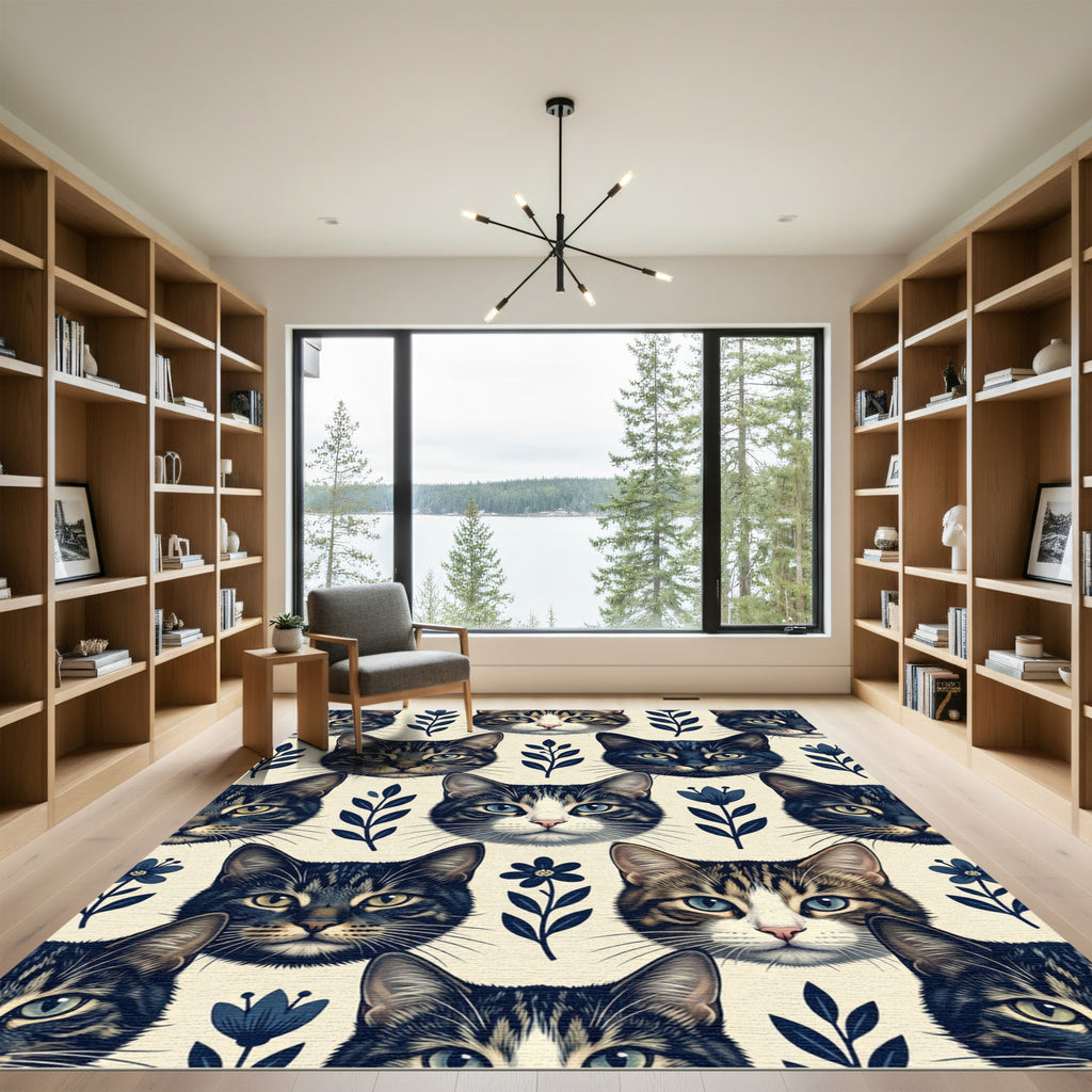 Whimsical Navy Blue Cat Floral Illustration Rug