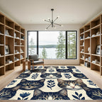 Whimsical Navy Blue Cat Floral Illustration Rug