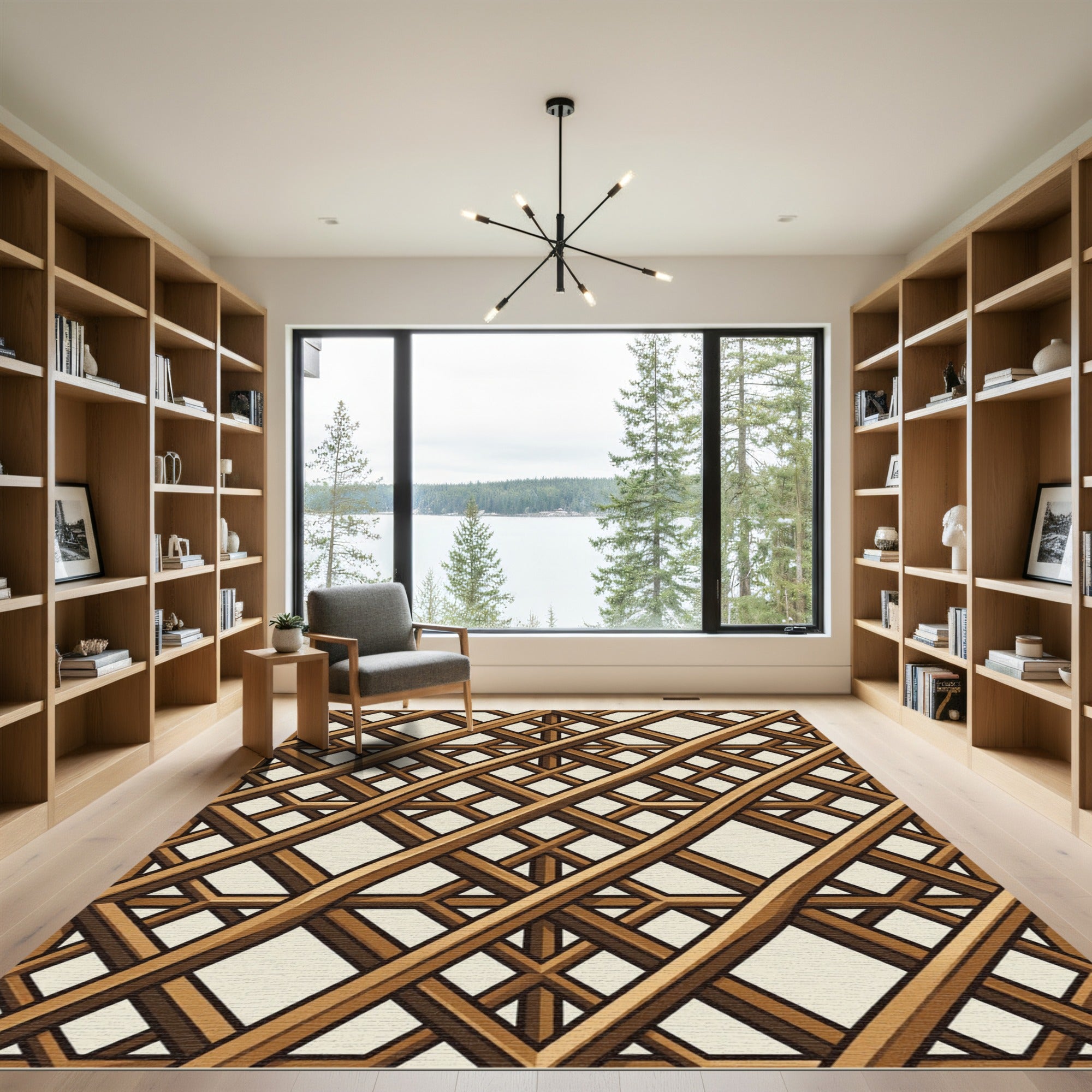 Earthy Brown Geometric Lattice Grid Rug