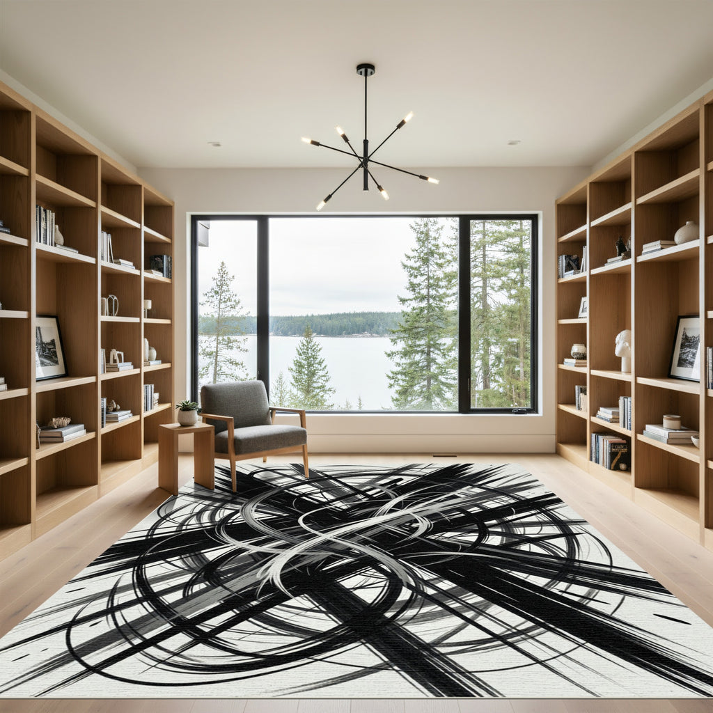 Monochrome Abstract Black White Swirls Rug
