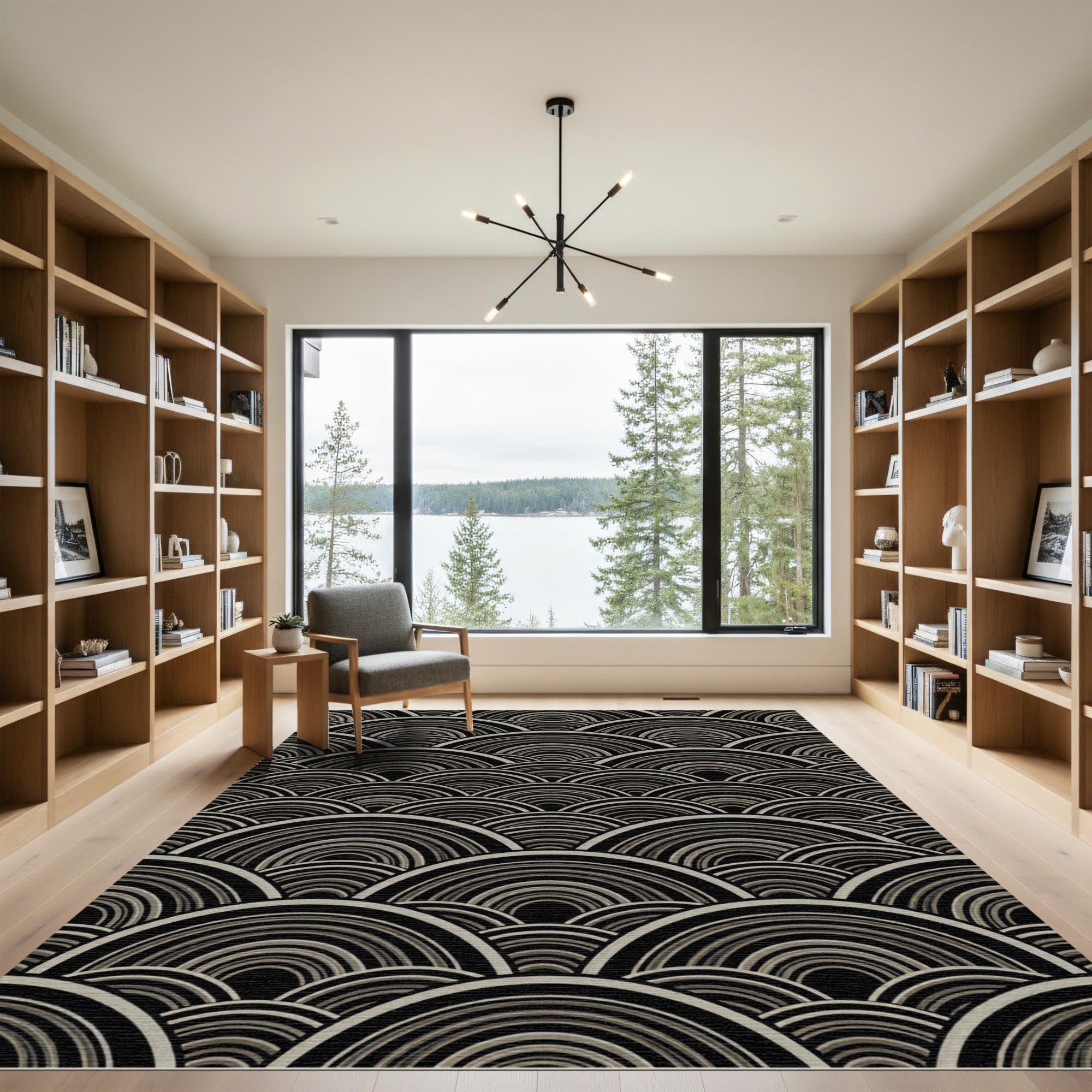 Monochrome Concentric Waves Composition Rug